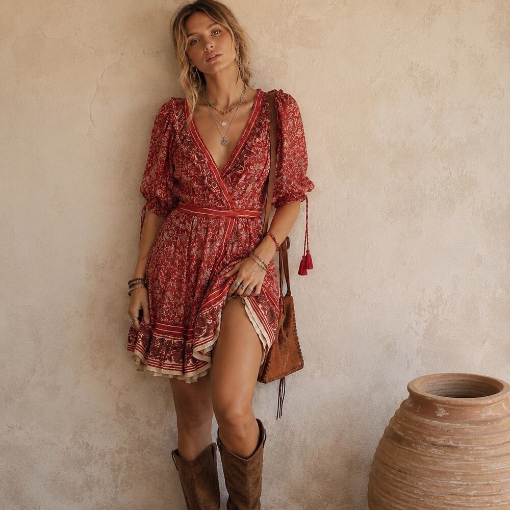 Cleobella Boho Wrap Mini Dress Small Red Floral Festival Cottagecore Cowgirl S